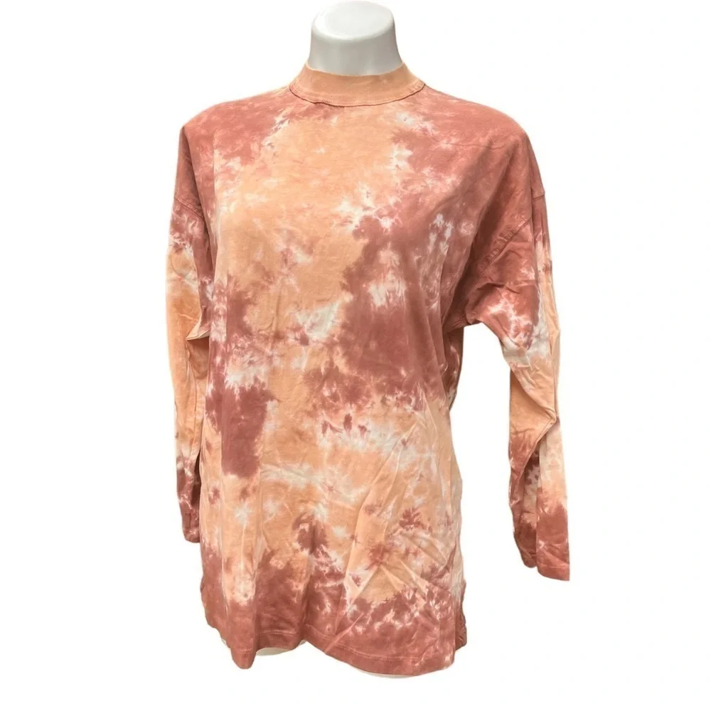 We The Free People Tie Dye Mock Neck Long Sleeve Shirt XS Orange Rose